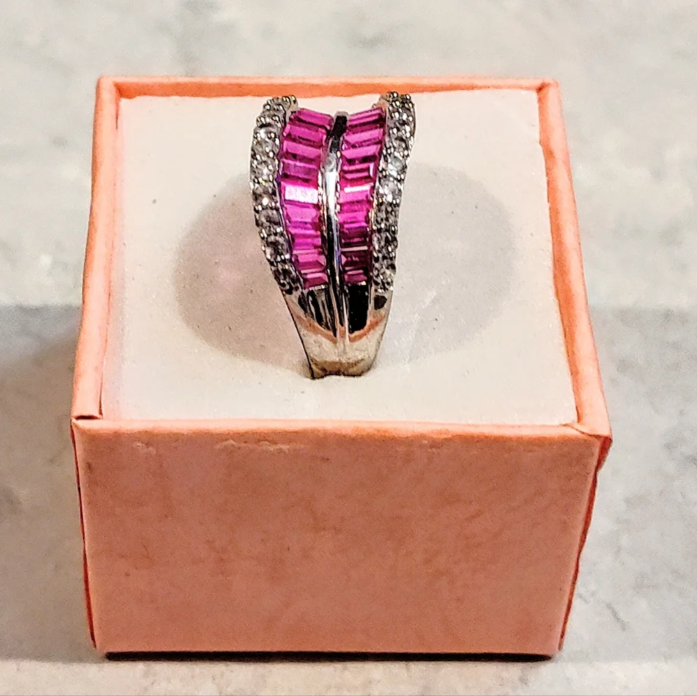 STERLING SILVER RUBY & DIAMOND RING BAGUETTE CUT RUBY & ROUND CUT DIAMONDS 8½ - Picture 6 of 16